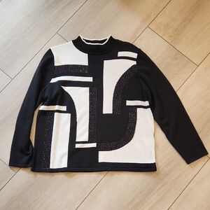 Geometric Black and White Women's Sweater With Sparkly Bead Detail